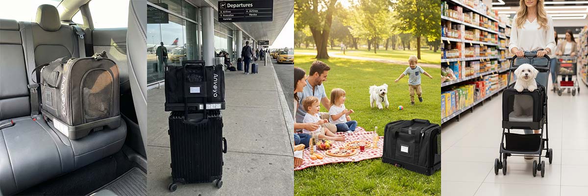 Versatile 3-in-1 pet carrier and stroller system shown in car, travel, and outdoor modes