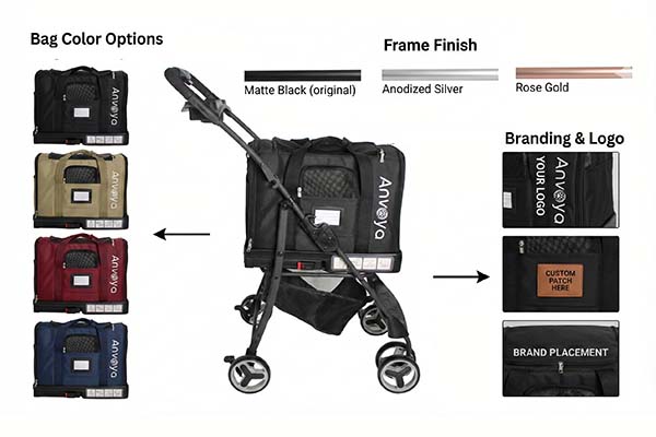 Pet stroller OEM & ODM customization diagram displaying various bag colors, logo placement options, and frame finishes.