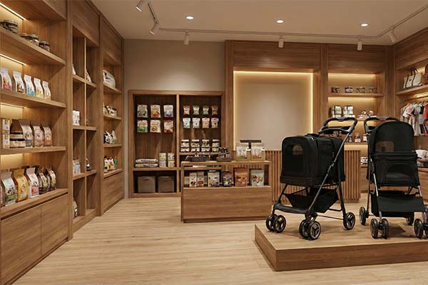 High-end pet store showcasing premium pet stroller for everyday pet travel