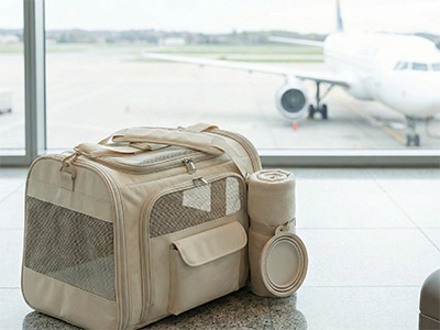 A portable pet carrier bag, ready for travel on a plane.