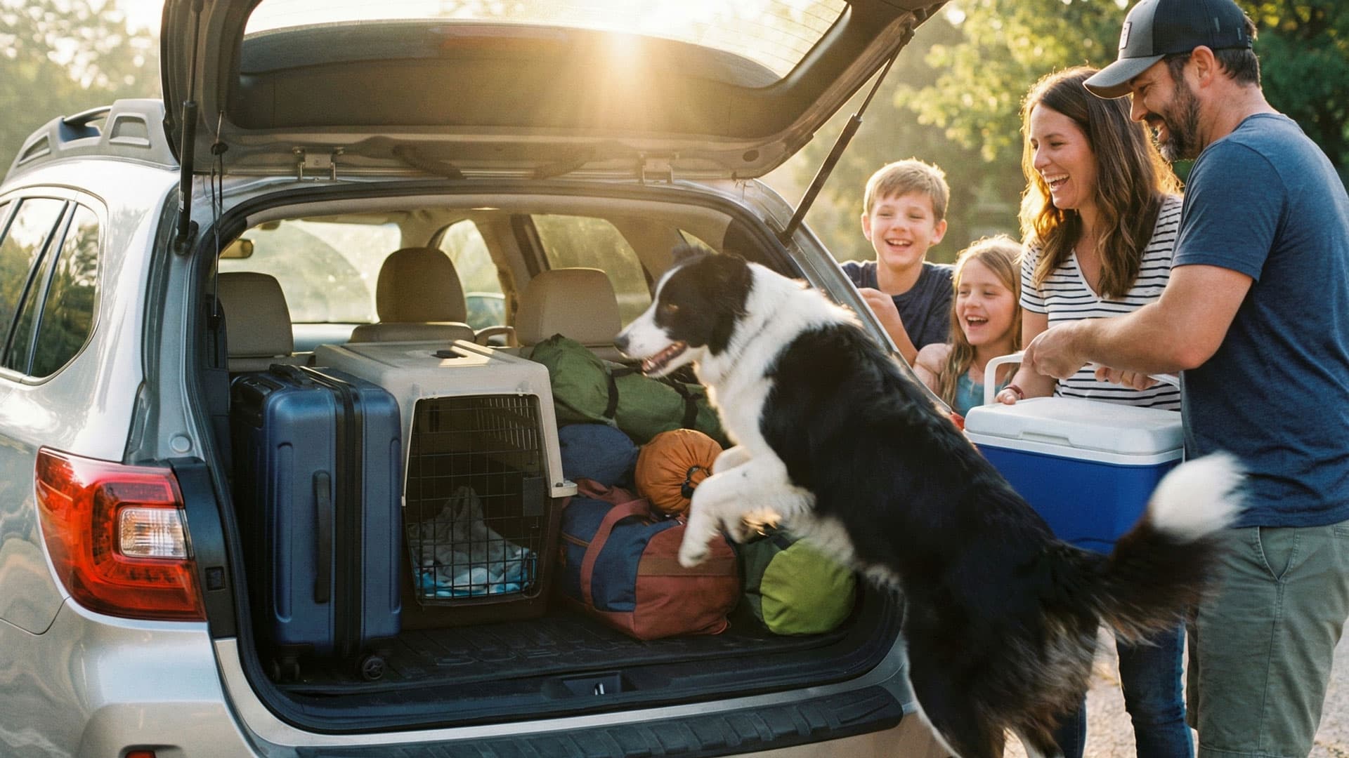 Family loading camping staff on a car with the dog