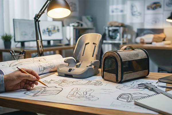 Automotive engineer designing a pet carrier based on child safety seat standards.