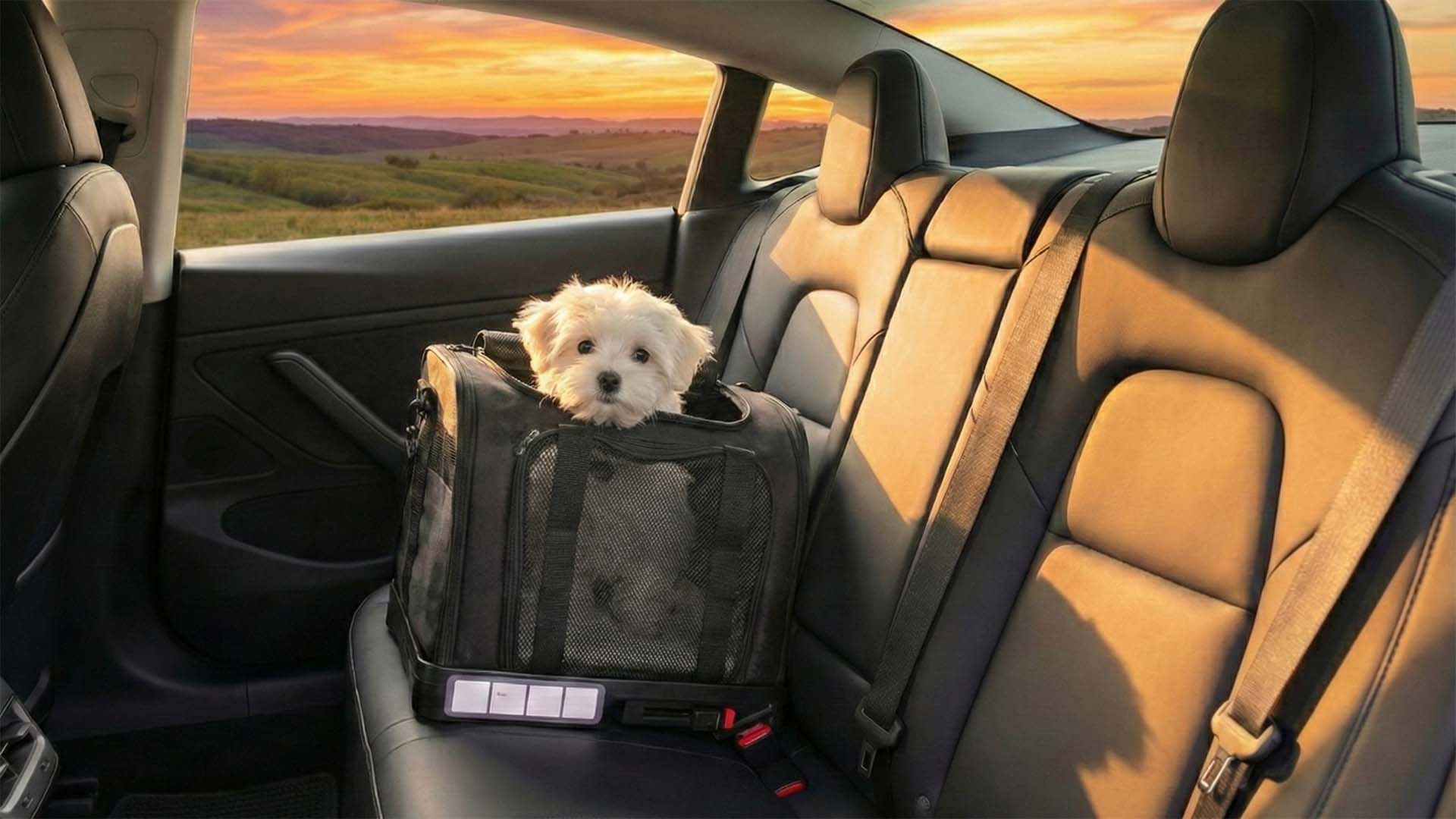 A white Maltese peeking out of a black pet carrier on the back seat, which is securely attached via ISOFIX for safety.