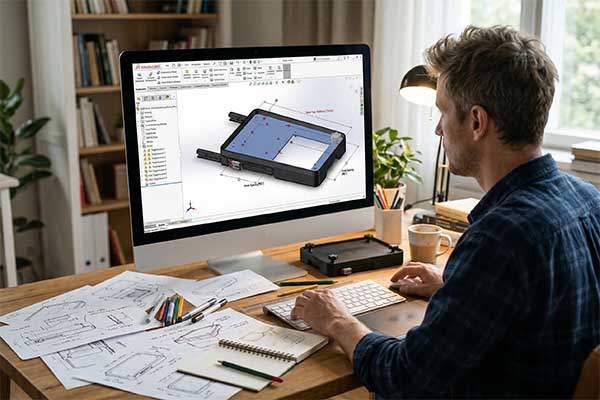 CAD rendering of a pet travel system with force diagram overlays
