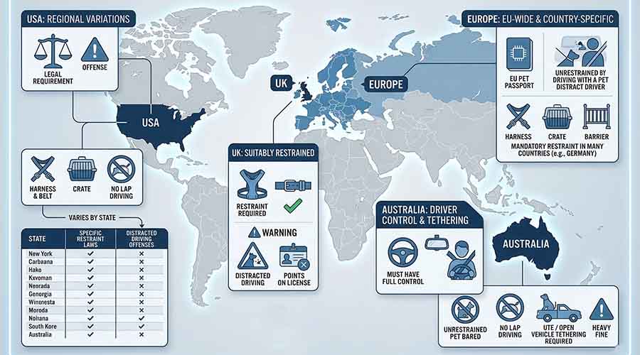 Pet car safety legislation map showing restrained pet laws by country and U.S. state 2025
