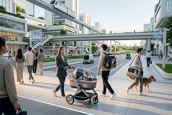 Futuristic cityscape with integrated pet transportation solutions