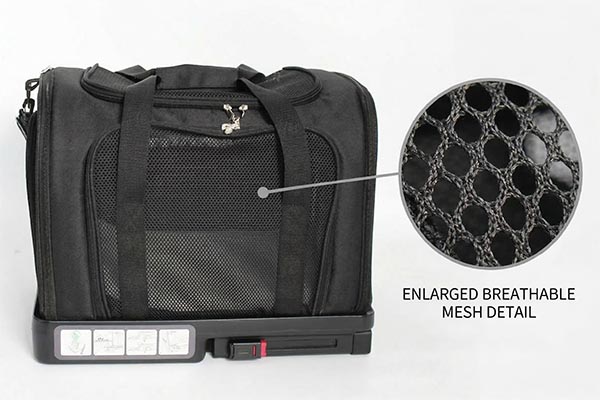 Black mesh pet carrier with a close-up of the breathable mesh material.