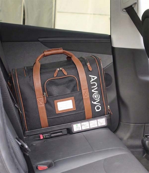 Pet safety seat bag securely installed in a vehicle backseat.