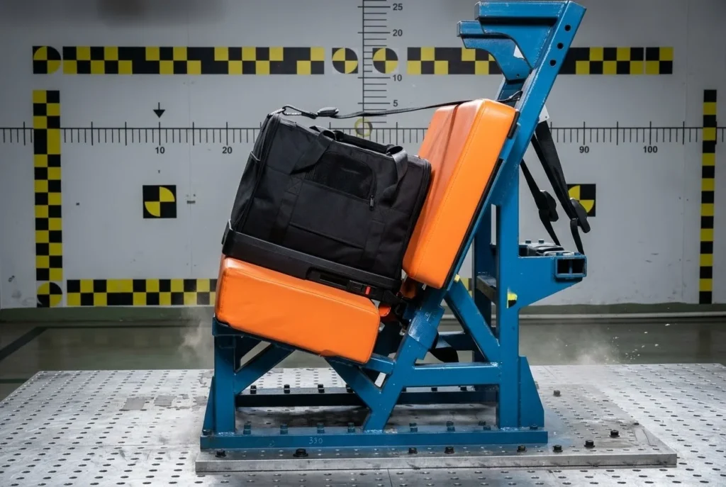 A black travel bag undergoing crash test strapped to orange seat under controlled conditions in a test facility.
