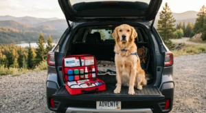 Golden retriever sitting in the trunk of an SUV with a pet first aid kit, surrounded by a scenic mountain landscape.