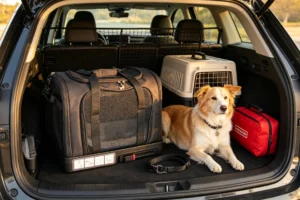 Car trunk packed with a dog crate, carrier, red bag, collar, and a dog lying next to the gear, ready for travel.