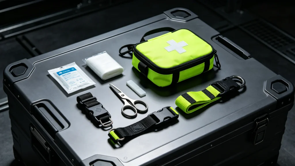 Bright emergency first aid kit with essentials including scissors, gauze, and straps on a sturdy storage case.
