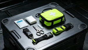 Bright emergency first aid kit with essentials including scissors, gauze, and straps on a sturdy storage case.