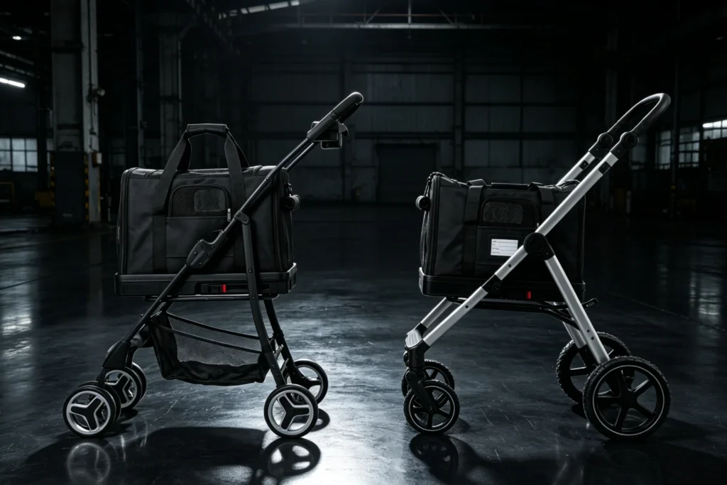 Two stylish black pet strollers with durable designs, placed in an industrial setting with a dark reflective floor.