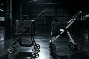 Two stylish black pet strollers with durable designs, placed in an industrial setting with a dark reflective floor.