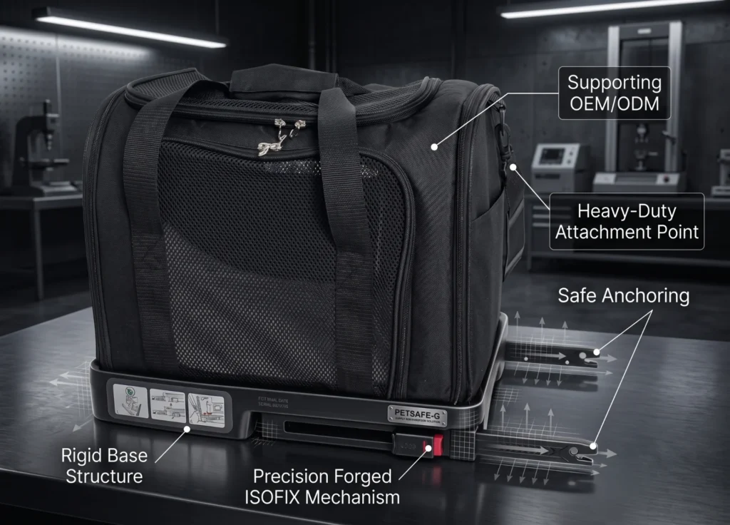 Black pet carrier with ISOFIX base showing rigid structure, heavy-duty attachment points, precision mechanisms, and safe anchoring in a laboratory setup.