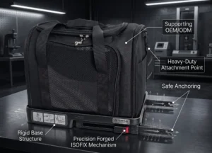 Black pet carrier with ISOFIX base showing rigid structure, heavy-duty attachment points, precision mechanisms, and safe anchoring in a laboratory setup.