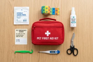A red pet first aid kit displayed with essentials including gauze pads, antiseptic spray, scissors, thermometer, tick remover, and emergency contact guide.