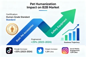 Infographic showing pet humanization's impact on the B2B market with a focus on human-grade certification, safety equipment, and margin increases.