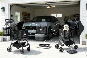 A convertible pet stroller and carrier combination displayed in a garage alongside an SUV and various accessories.