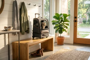 A cat sitting in a wheeled pet carrier placed on a wooden bench in a modern foyer with coat hooks, a potted plant, and a door.