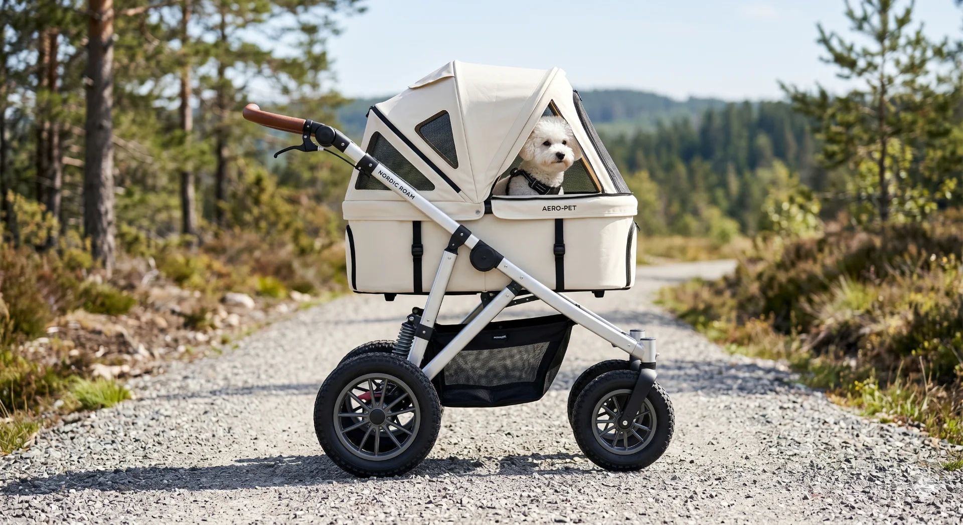 High-view Nordic pet stroller with large all-terrain wheels on a gravel path