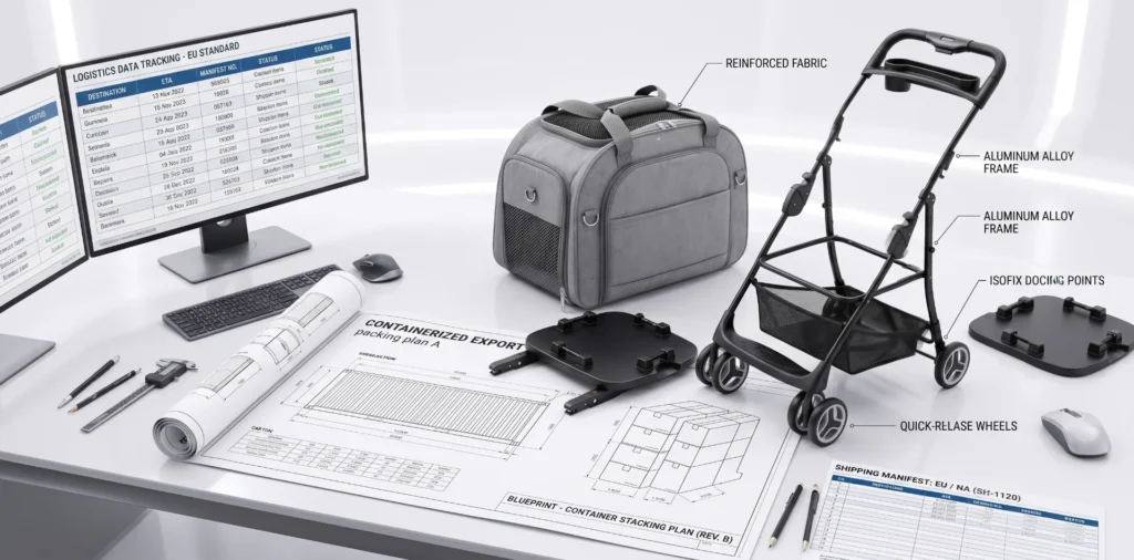 Desk with logistics tracking monitors, product blueprints, stroller frame parts, and shipping manifest.