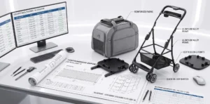 Desk with logistics tracking monitors, product blueprints, stroller frame parts, and shipping manifest.