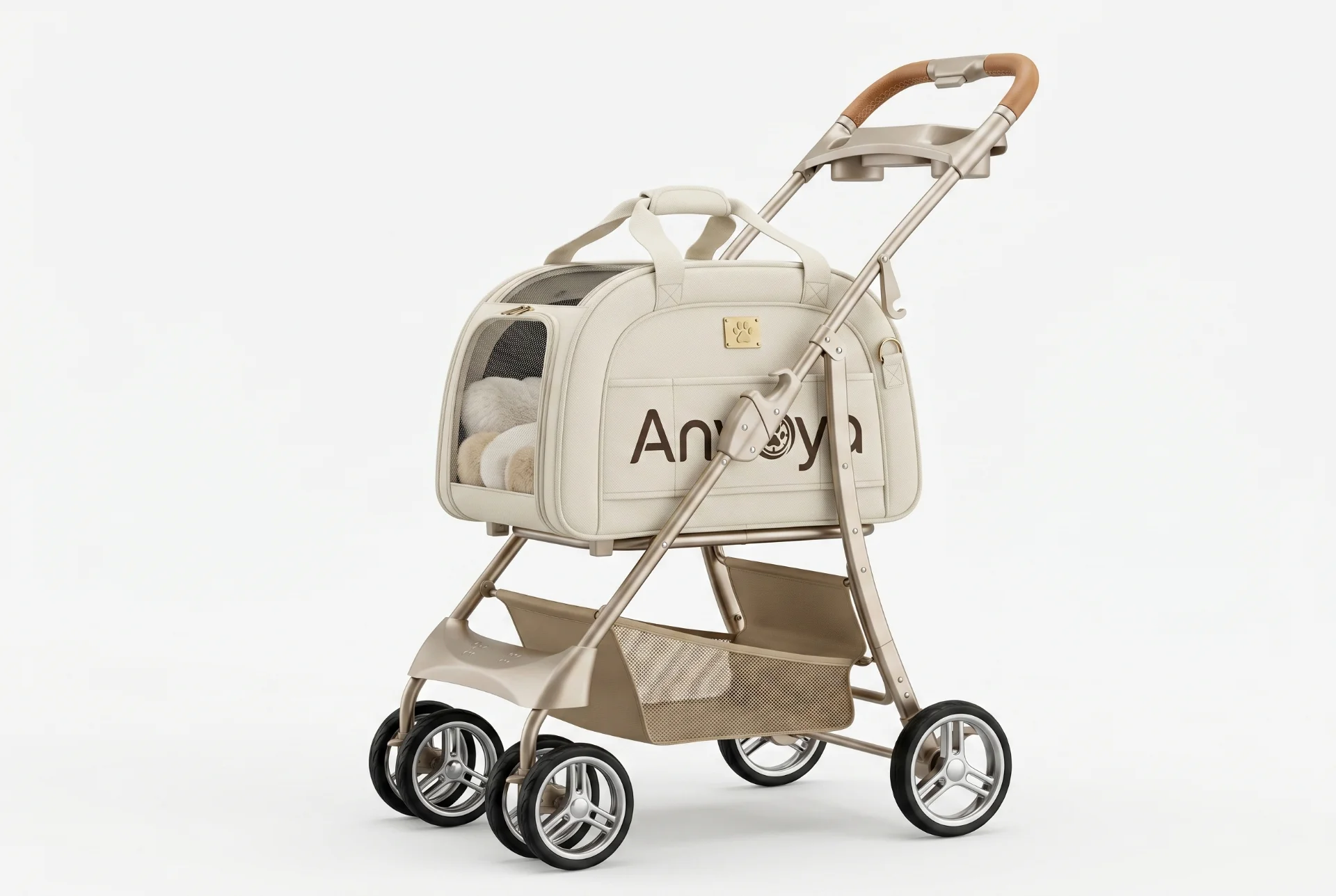 Soft-luxury cream pet stroller with full cushion, large wheels and metal badge