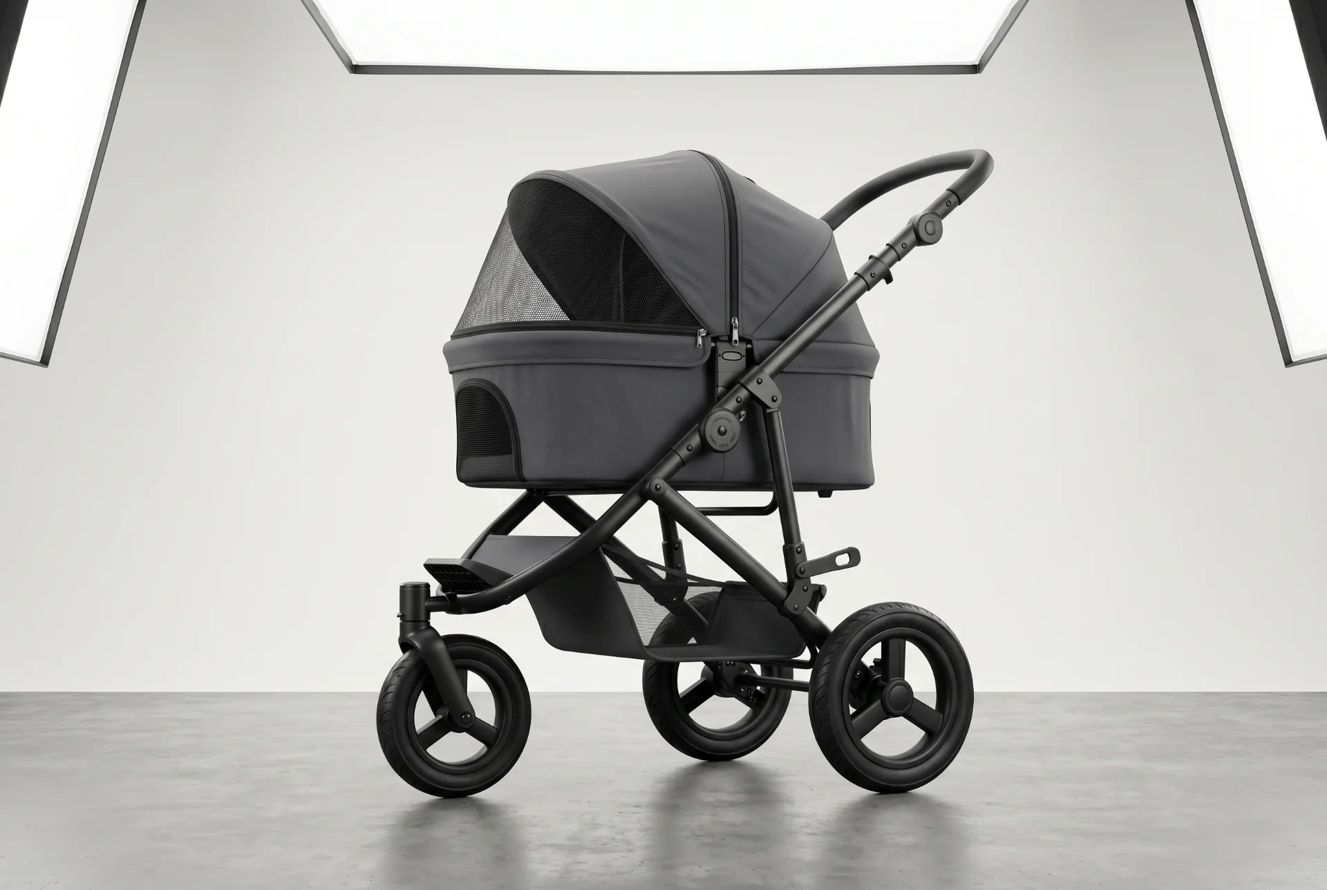 Clean European pet stroller with a restrained frame, practical fabric, and understated branding