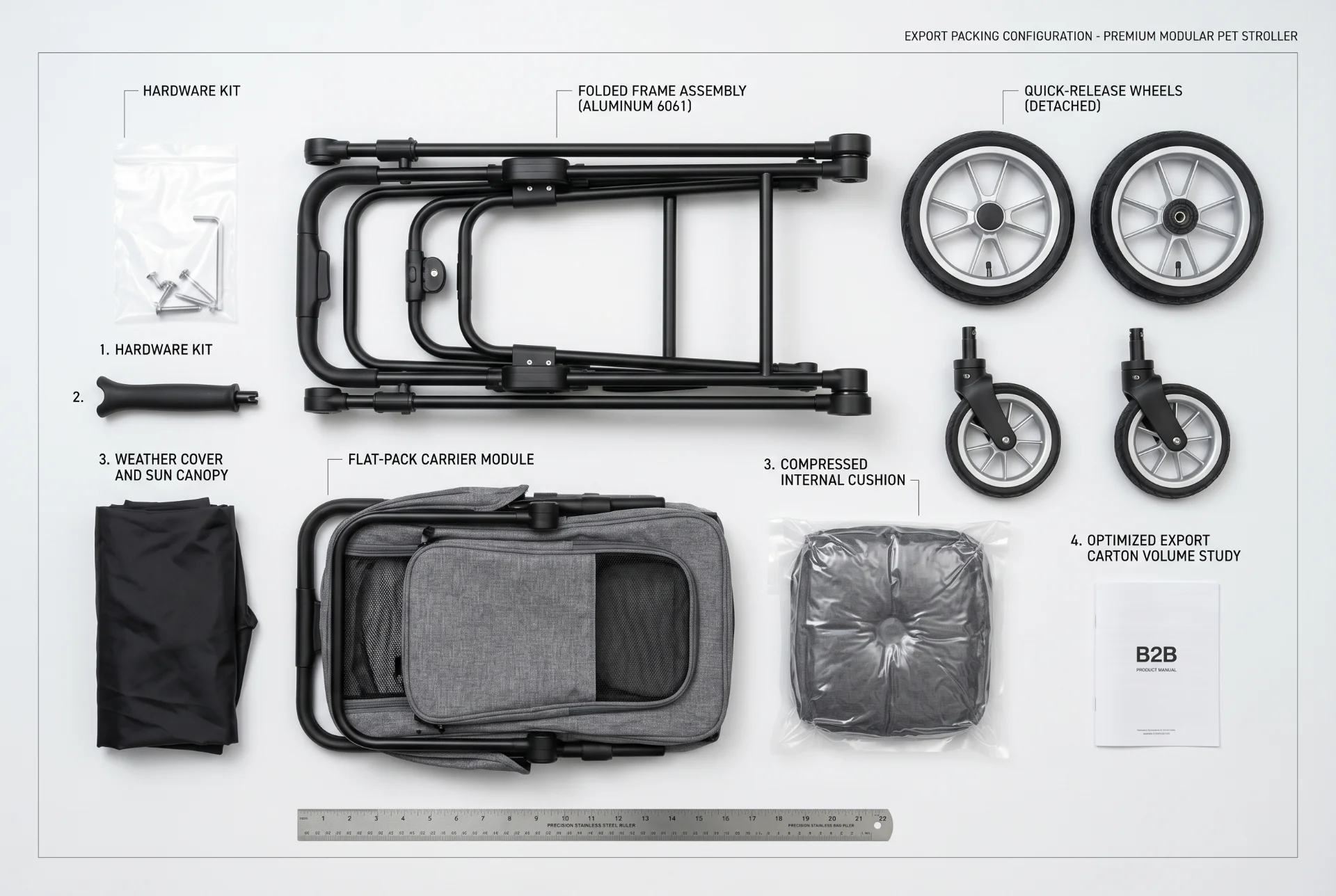 A pet stroller frame, removable wheels, carrier, and cushion arranged for compact export packing