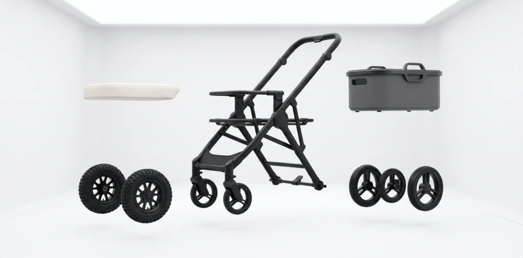 Modular stroller components including black frame, wheels, a storage container, and a cushion displayed in a minimalistic white setting.
