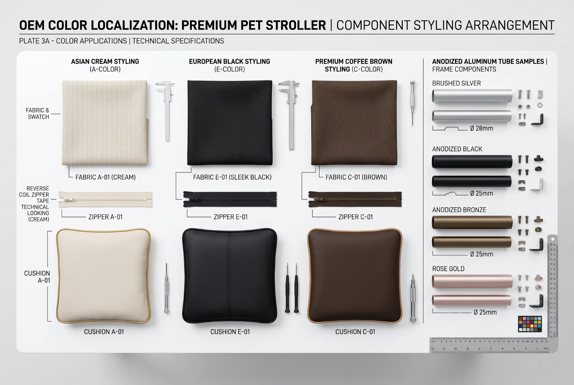 Pet stroller color localization showing cream Asian styling, black European styling, and brown premium styling