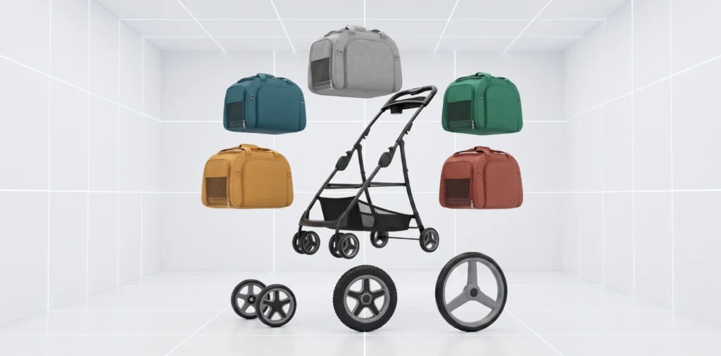 Pet stroller with detachable carriers in various colors and wheels displayed in a modern white grid room.