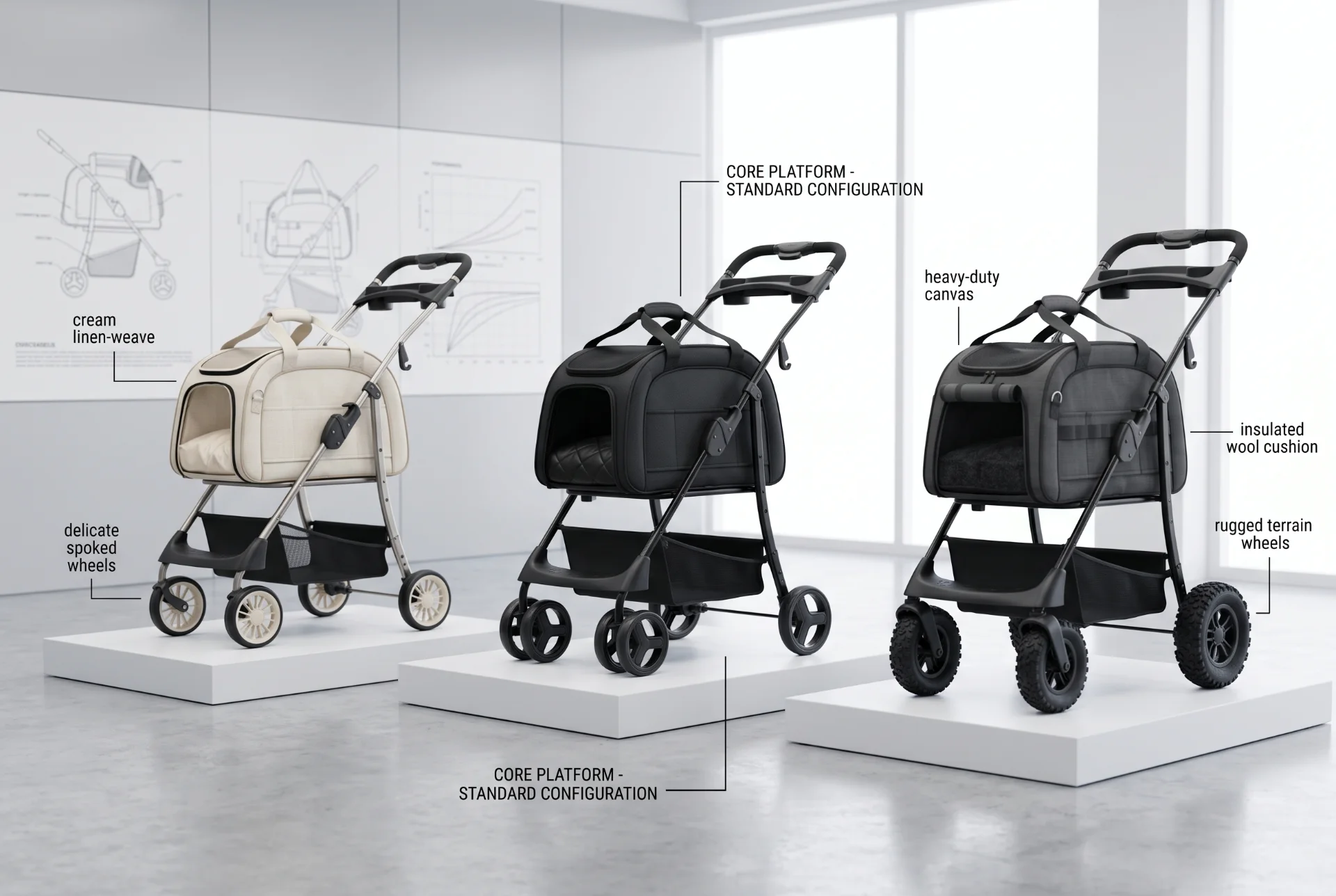 One pet stroller platform adapted into different regional styles through fabrics, wheels, cushions, and branding