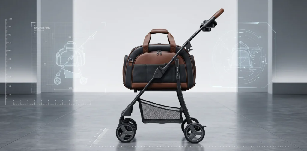 Stylish brown and black bag mounted on a modern cart with futuristic design blueprints in the background.