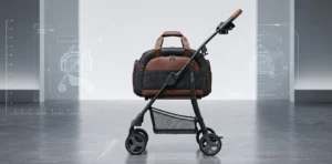 Stylish brown and black bag mounted on a modern cart with futuristic design blueprints in the background.