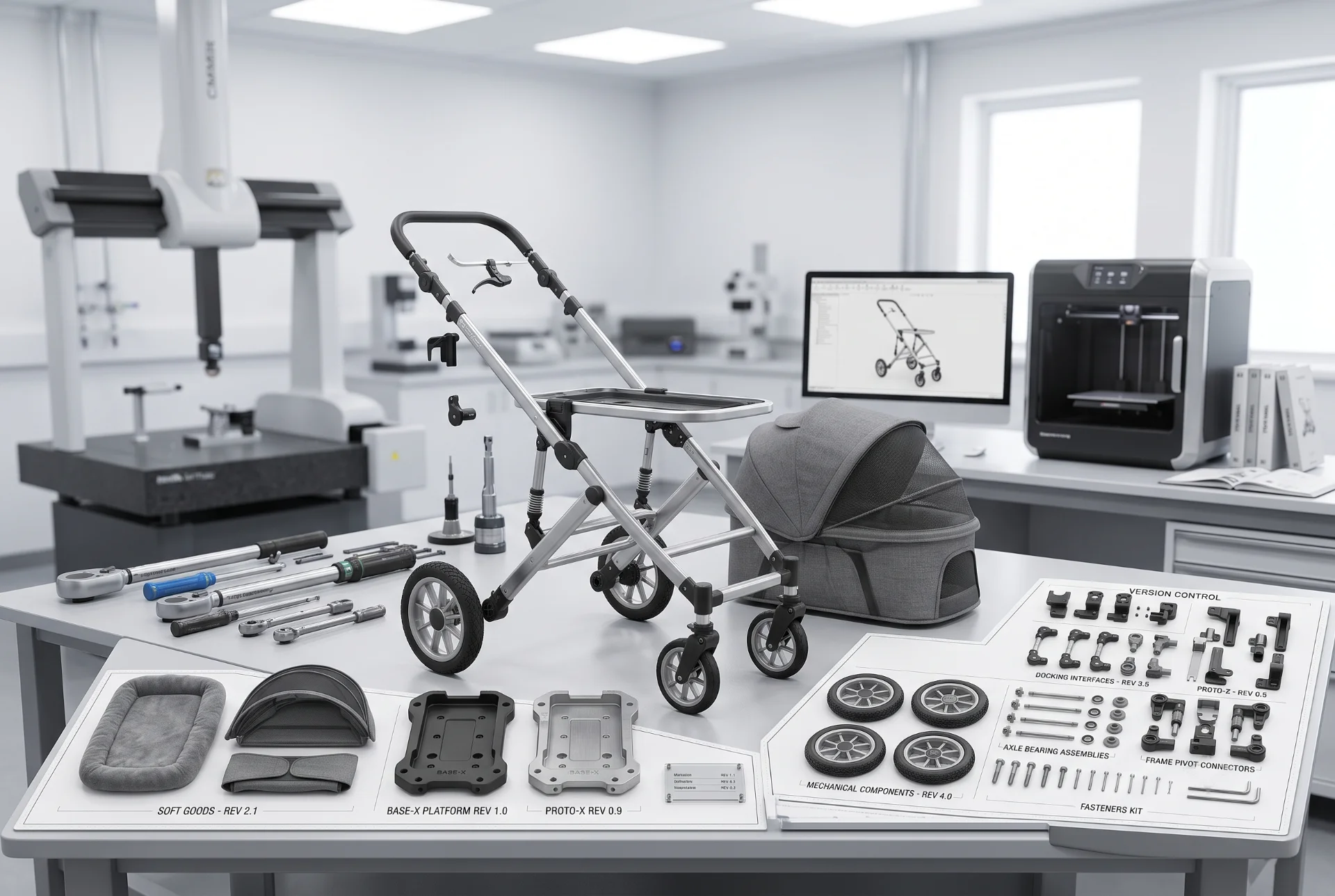 Modular pet travel system showing stroller frame, carrier, BASE-X platform, docking parts, and replacement components
