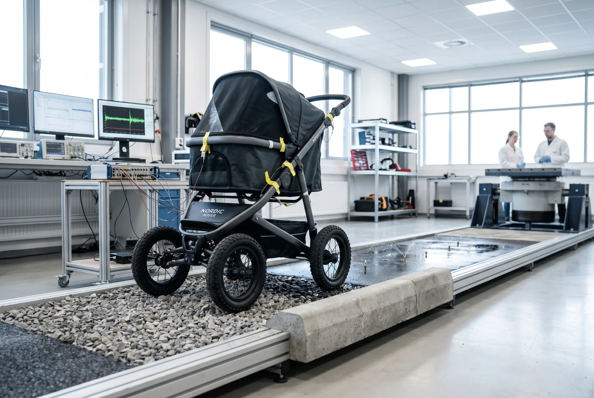 Nordic pet stroller tested on gravel, wet pavement, curbs, and uneven park paths