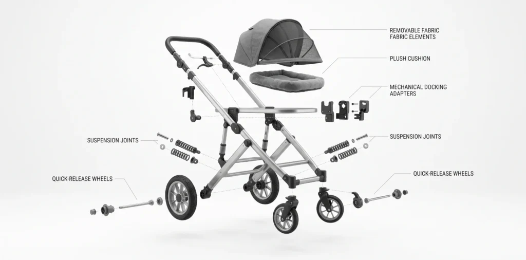 Exploded view diagram of a stroller showing components like suspension joints, quick-release wheels, removable fabric elements, and docking adapters.