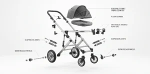 Exploded view diagram of a stroller showing components like suspension joints, quick-release wheels, removable fabric elements, and docking adapters.