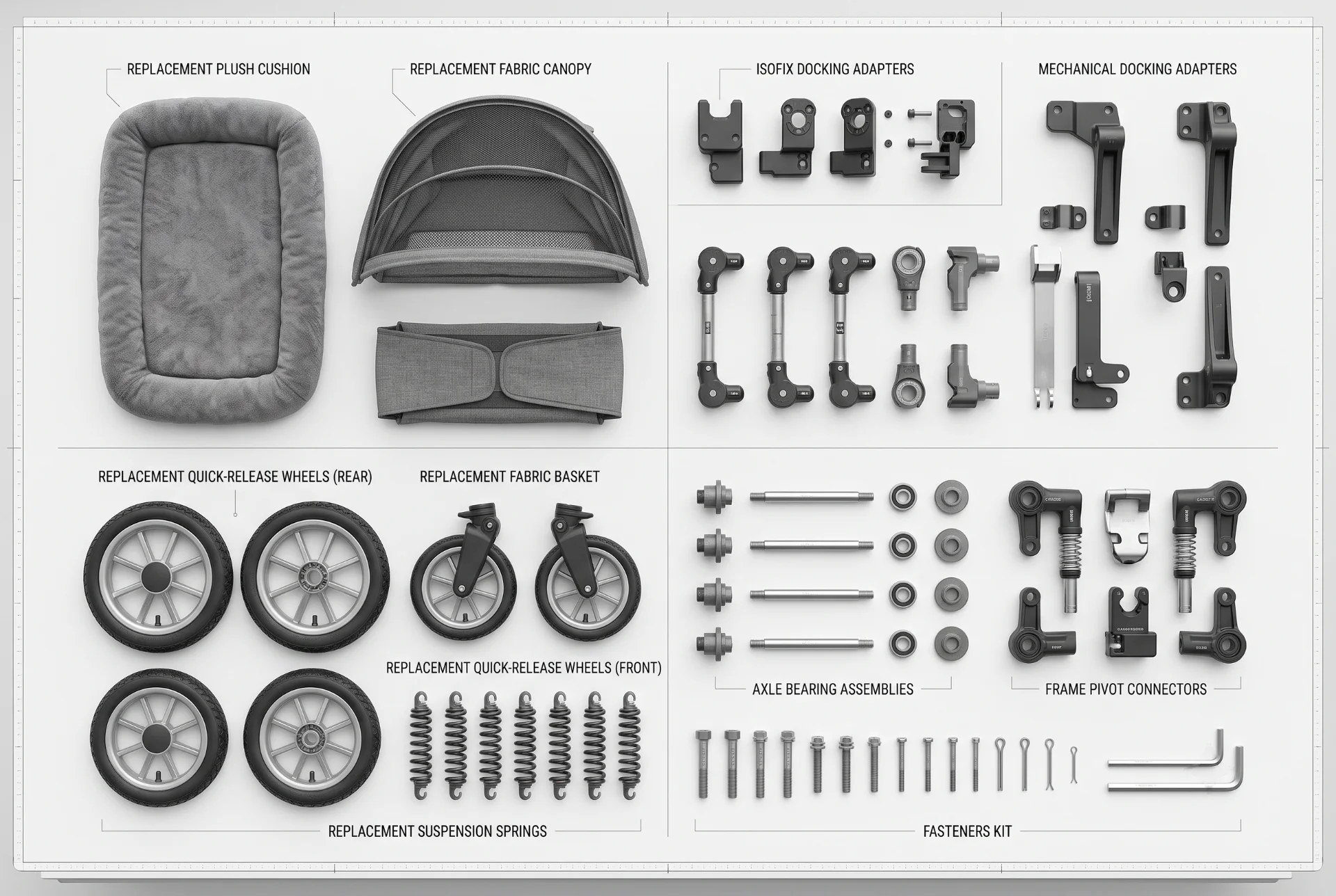 Pet stroller replacement wheels, cushion, connectors, adapters, and canopy arranged as an after-sales parts kit