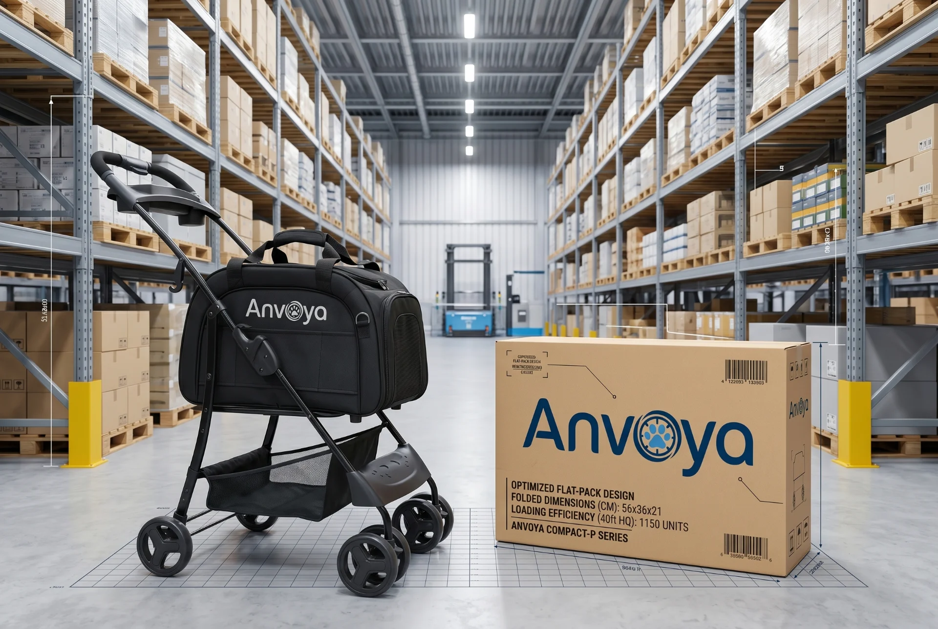 Compact folding European pet stroller fitted efficiently into an export carton