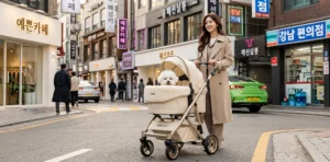 A stylish woman in a beige coat pushing a pet stroller with a white dog through a vibrant city street lined with shops.