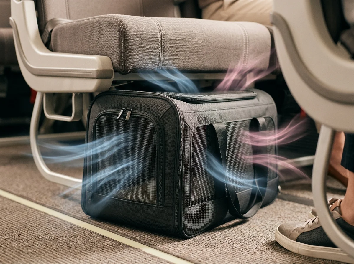 Airflow paths through a pet carrier in the restricted under-seat travel position