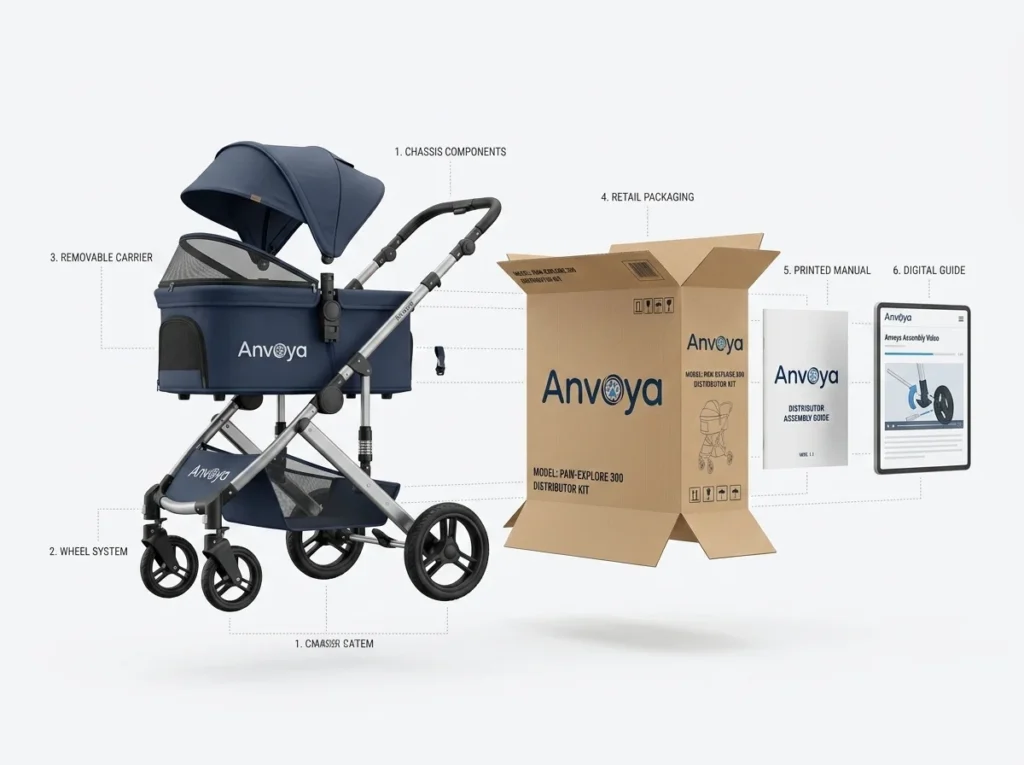 Anvoya baby stroller unboxed with labeled components, packaging, printed manual, and digital guide for assembly.