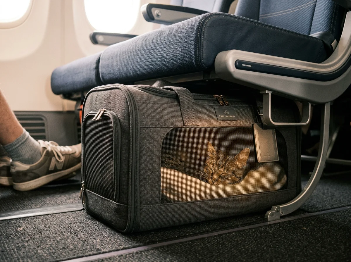 A soft-sided pet carrier positioned under an aircraft seat, showing limited cabin space and open ventilation panels
