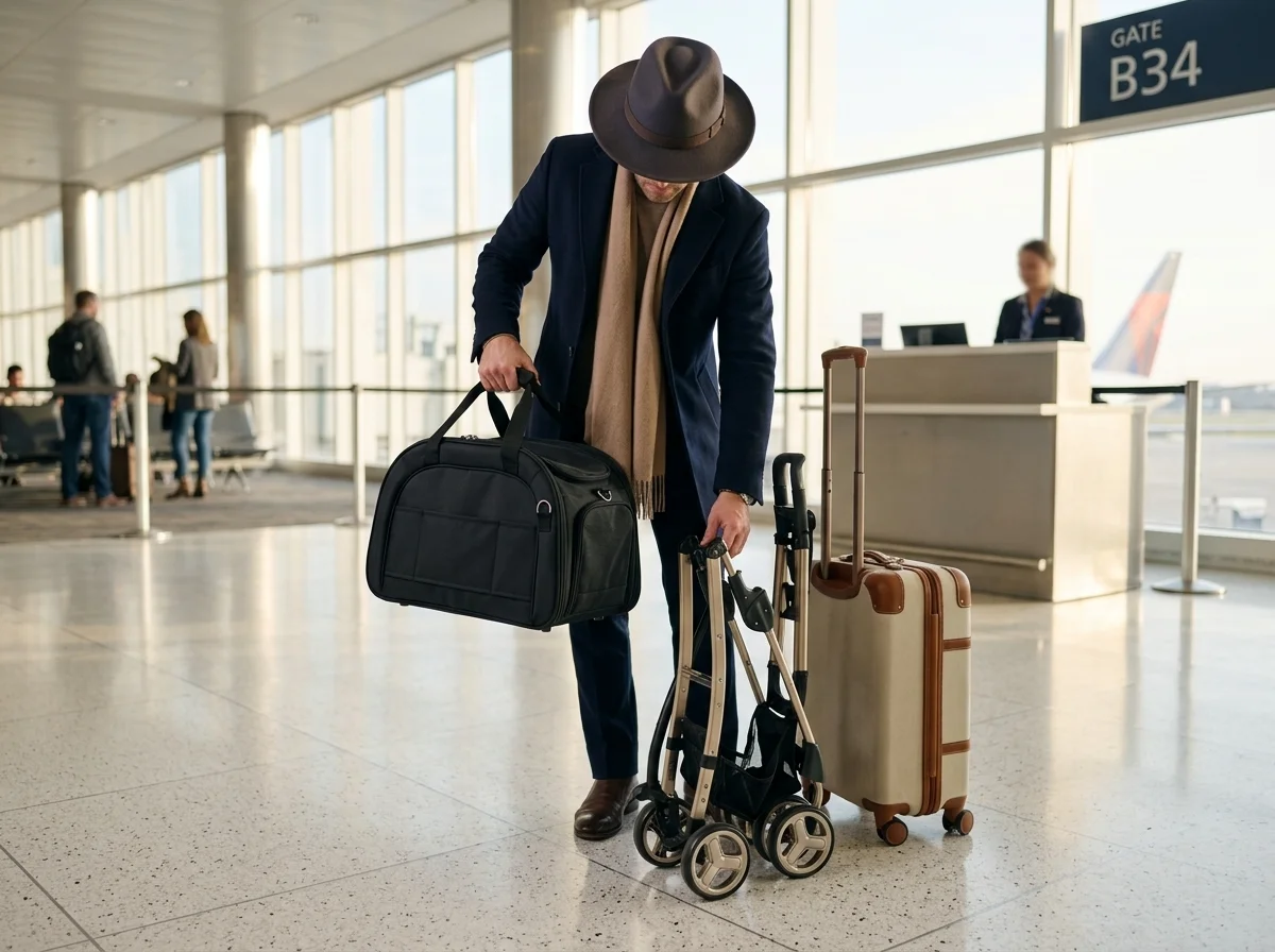 Pet carrier detached from a stroller or trolley platform before aircraft boarding