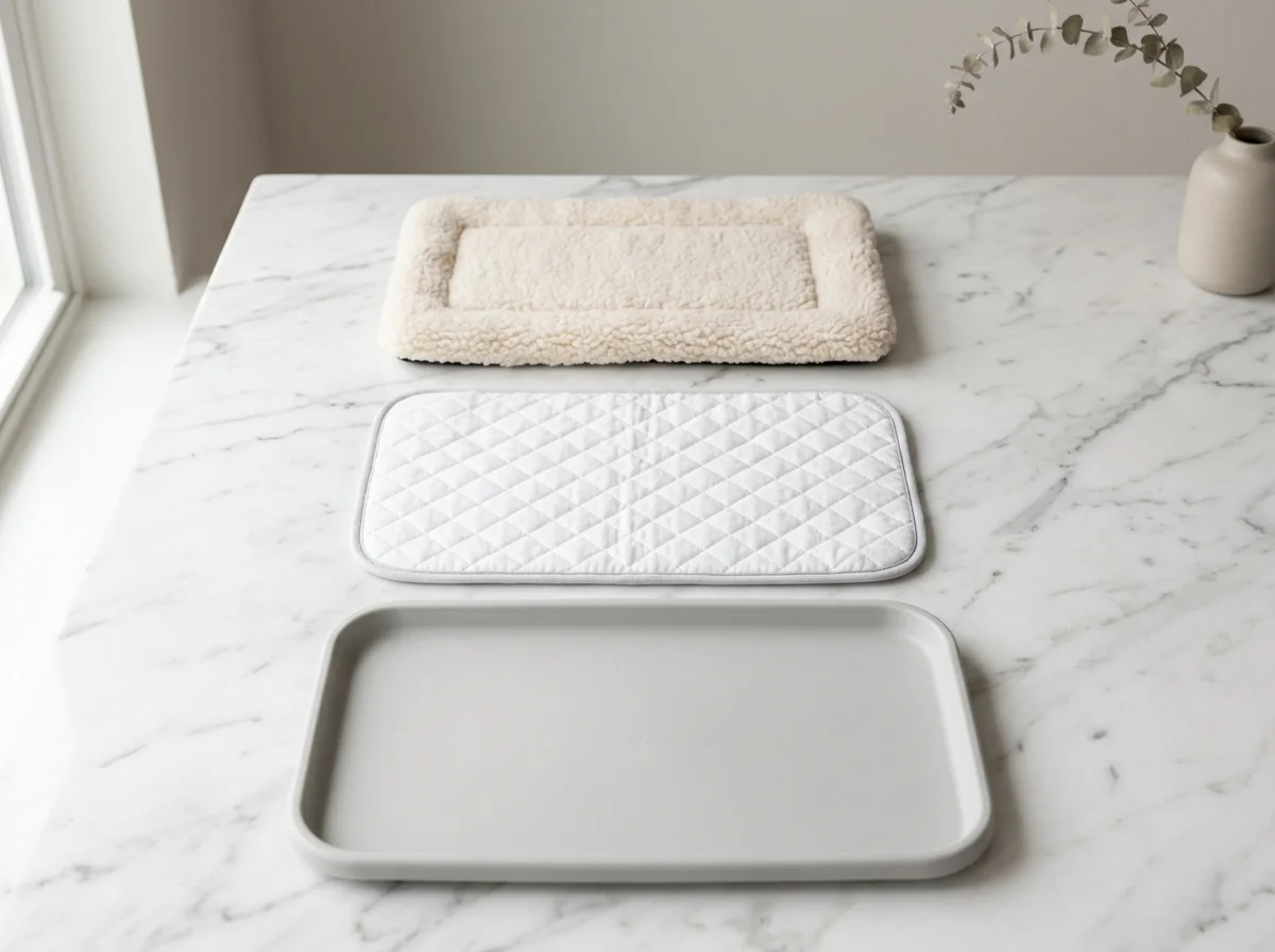 Layered pet carrier base with washable cushion, absorbent pad, and leak-resistant lining