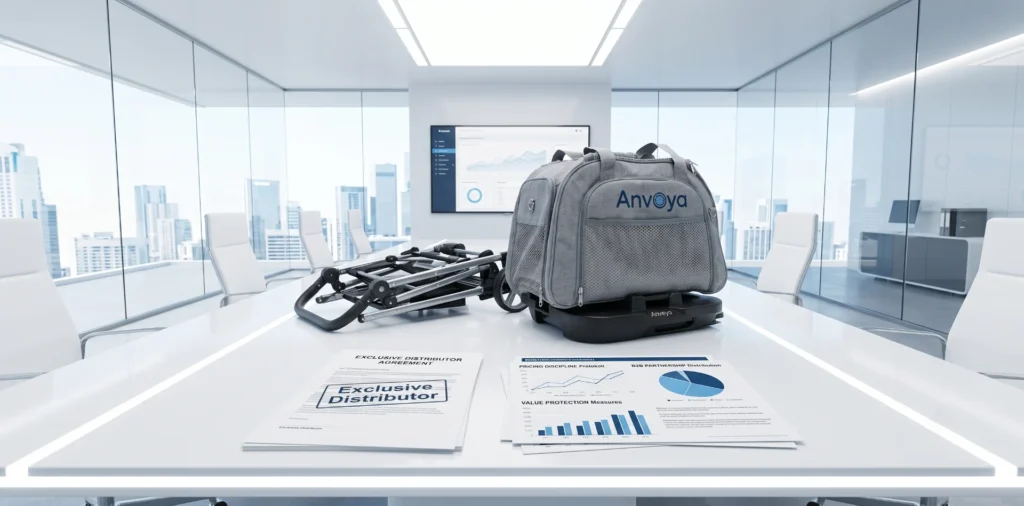 A gray branded bag and documents on a sleek conference table in a bright office with city views.